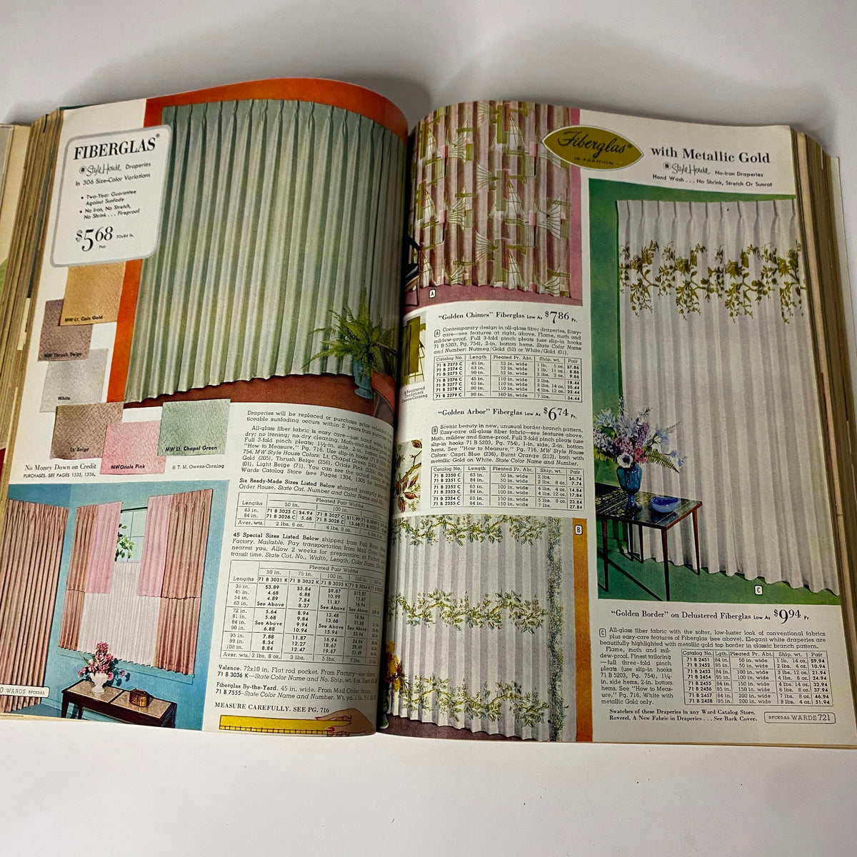 1963 Montgomery Ward Spring and Summer Catalog showcasing pages with colorful fabric and drapery designs, featuring various curtain options priced attractively, illustrating mid-century home decor trends.