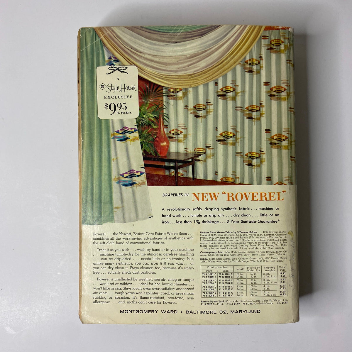 Back cover of the 1963 Montgomery Ward Spring and Summer Catalog featuring exclusive 'Roverel' drapery fabric, highlighting its innovative features and pricing, capturing the essence of 1960s interior design.