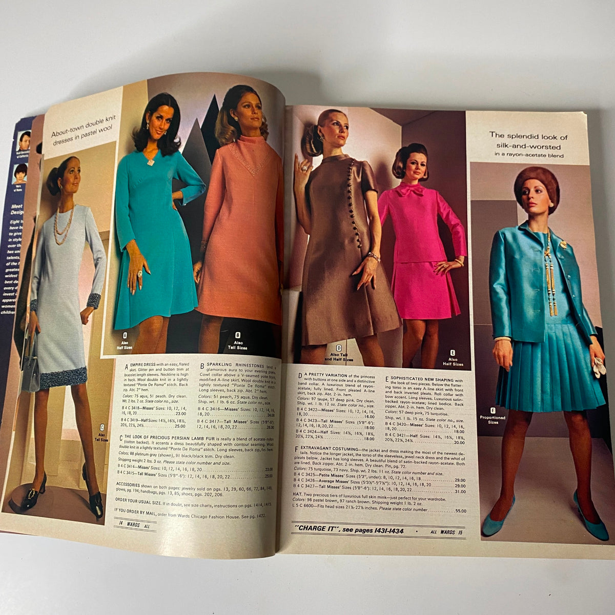 Interior pages of the 1969 Montgomery Ward Fall and Winter Catalog showcasing fashionable dresses in pastel colors worn by models.