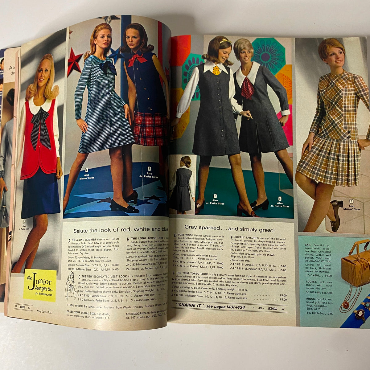Fashionable outfits for young women displayed in the 1969 Montgomery Ward Fall and Winter Catalog, featuring plaid and solid dresses.