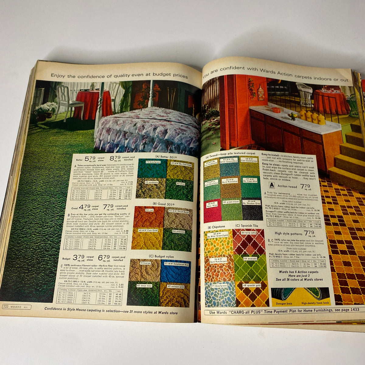 1969 Montgomery Ward Fall and Winter Catalog presenting a variety of carpets and flooring options, displaying vibrant patterns and colors for home interiors.