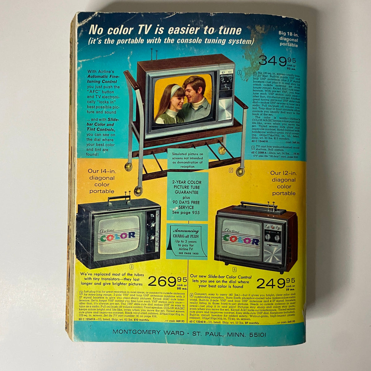 Back cover of the 1969 Montgomery Ward Fall and Winter Catalog featuring vintage portable televisions with pricing and features.