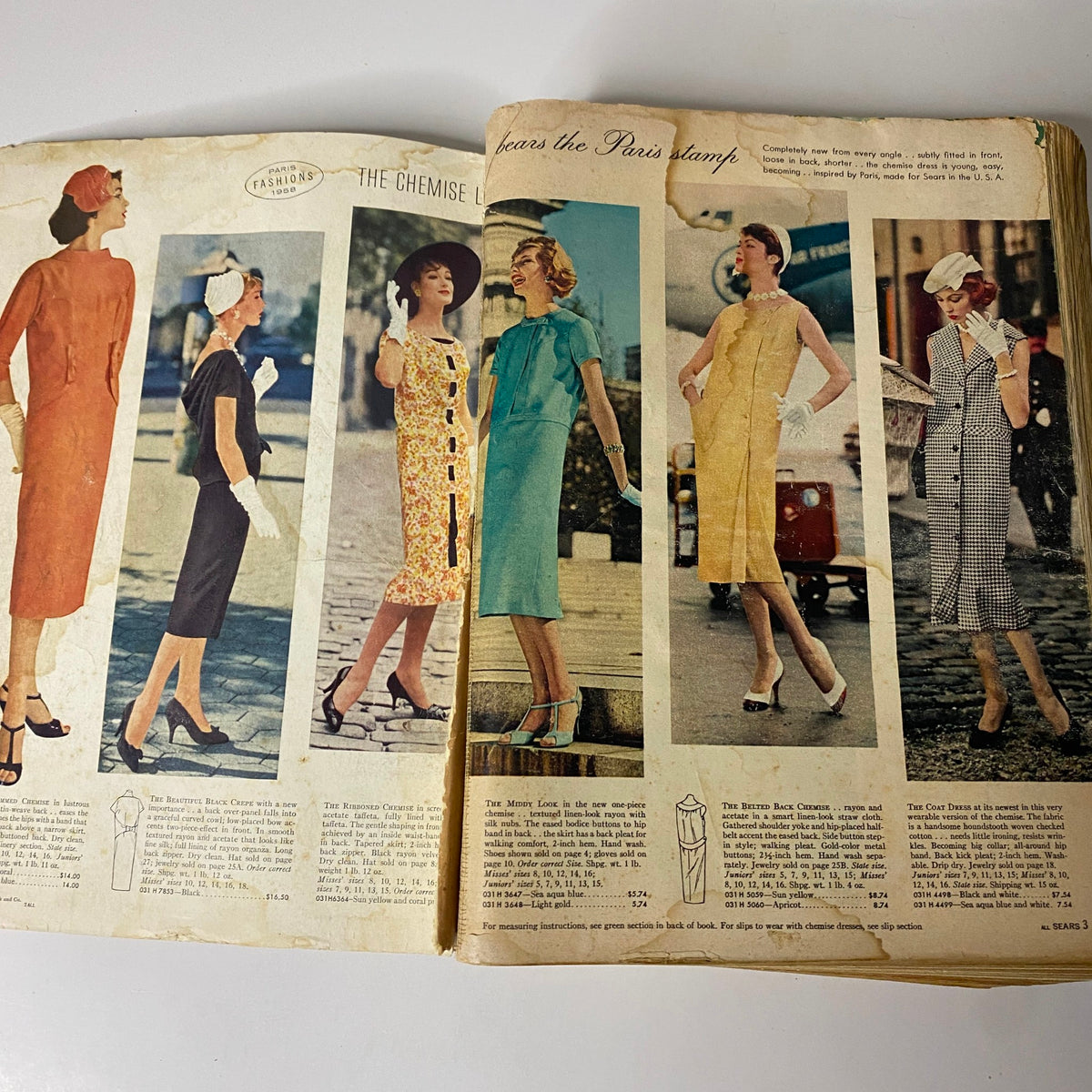 Interior pages of the 1958 Sears, Roebuck and Co. Spring and Summer Catalog featuring Parisian fashion styles, including dresses and accessories from the 1950s era.