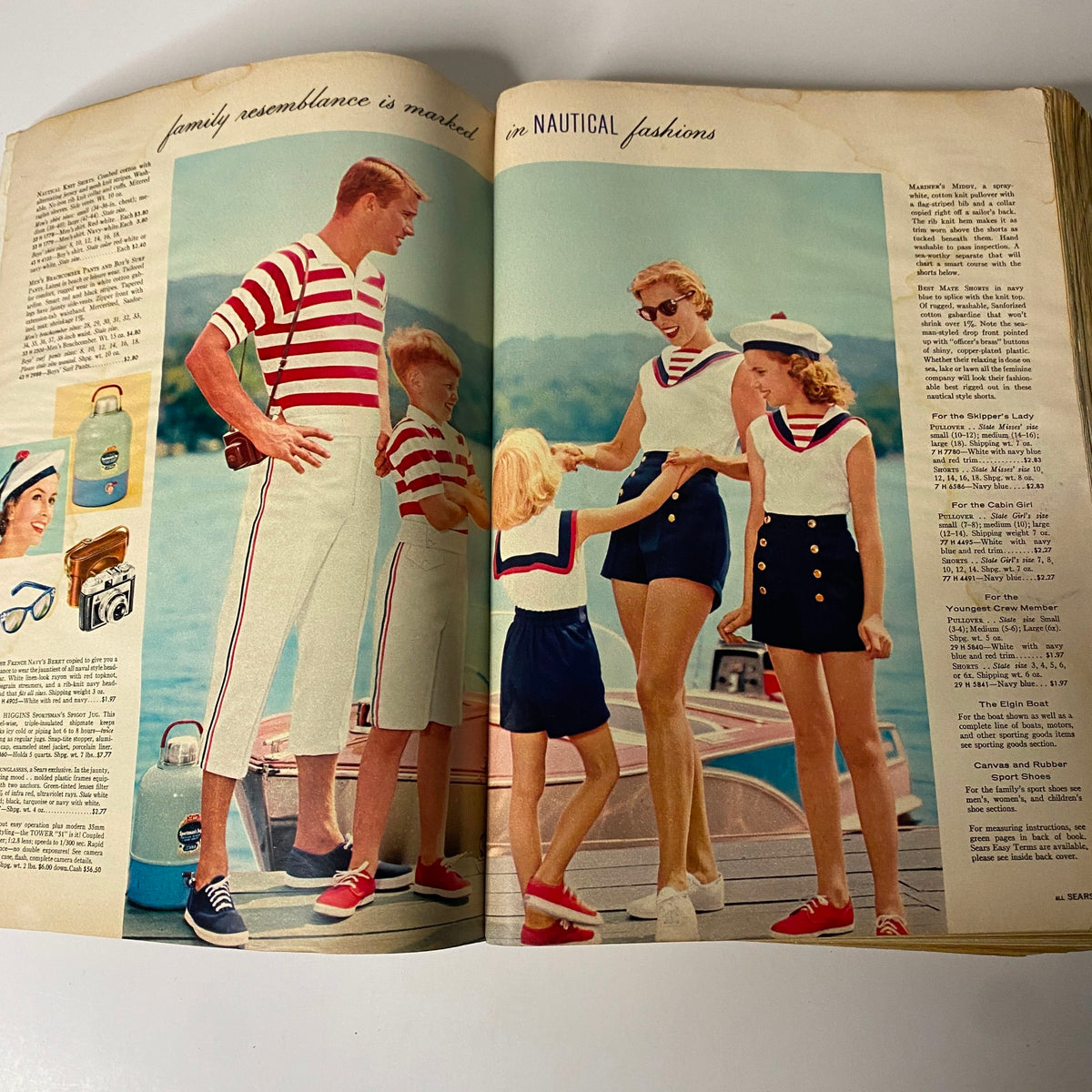 Family nautical fashion ensemble from the 1958 Sears, Roebuck and Co. Spring and Summer Catalog, depicting coordinated outfits for adults and children.