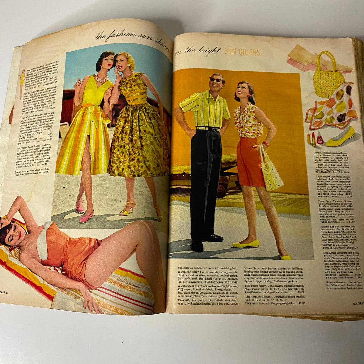 Colorful summer fashion styles and accessories featured in the 1958 Sears, Roebuck and Co. Spring and Summer Catalog, showcasing vibrant sun colors.