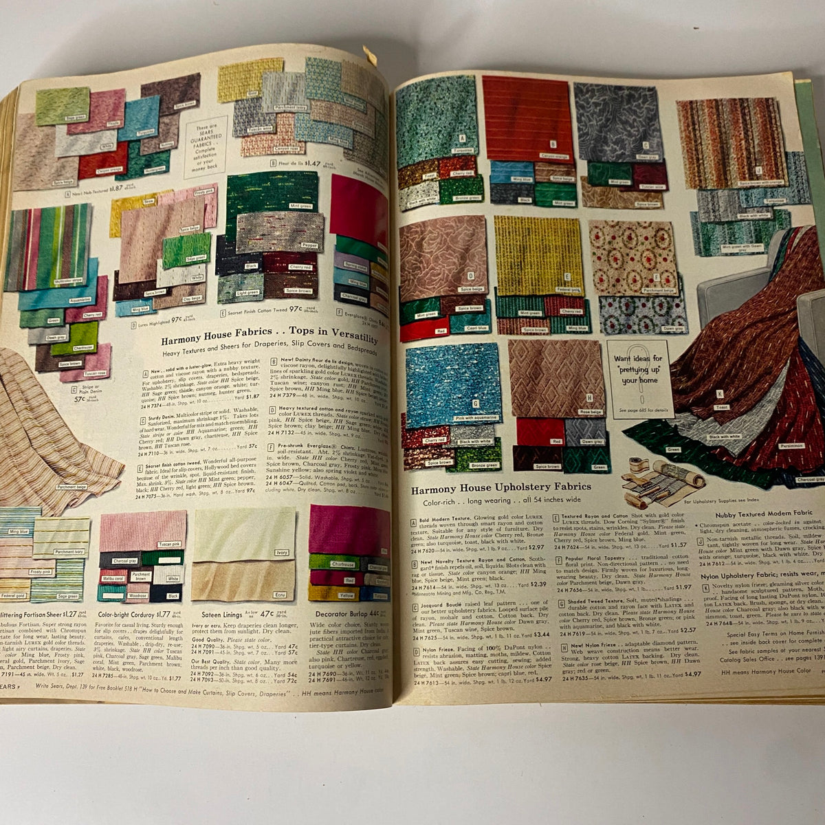 1958 Sears, Roebuck and Co. Spring and Summer Catalog page showcasing various fabrics for upholstery and drapery, illustrating mid-century textile options.