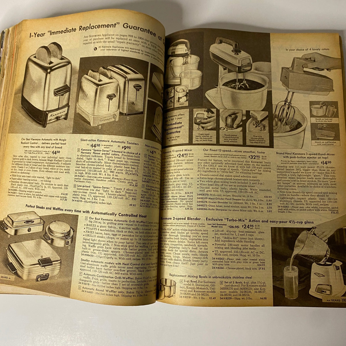 1958 Sears, Roebuck and Co. Spring and Summer Catalog page featuring kitchen appliances such as mixers and toasters, showcasing mid-century home gadgets.