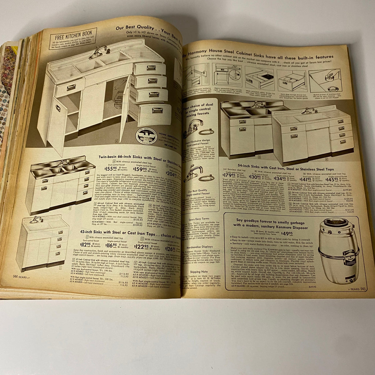 Page from the 1958 Sears, Roebuck and Co. Spring and Summer Catalog detailing Harmony House Steel Cabinet Sinks and kitchen fixtures, including pricing information.