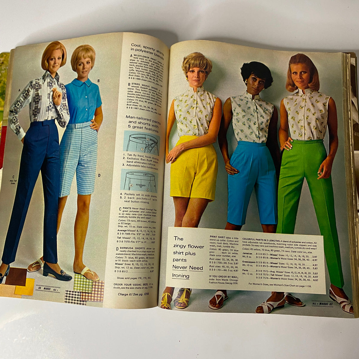1969 Montgomery Ward Spring and Summer Catalog illustrating vintage women's shirts and shorts styles, highlighting colorful and sporty fashion options from the late 1960s, perfect for summer wear.