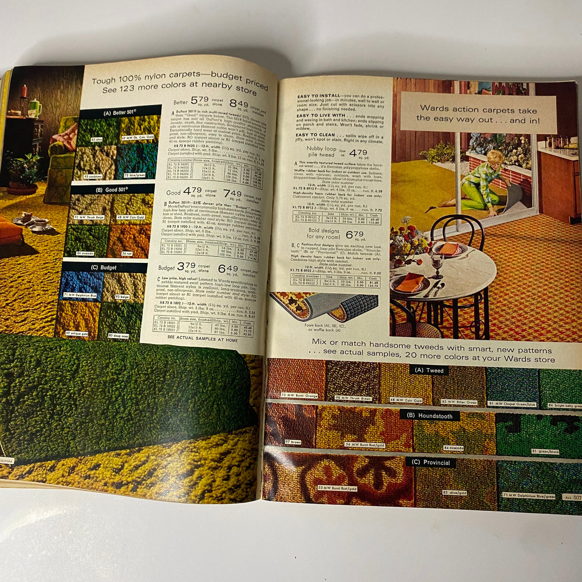 1969 Montgomery Ward Spring and Summer Catalog presenting a selection of budget-friendly carpets, showcasing different patterns and colors, reflective of interior decor trends during the late 1960s.