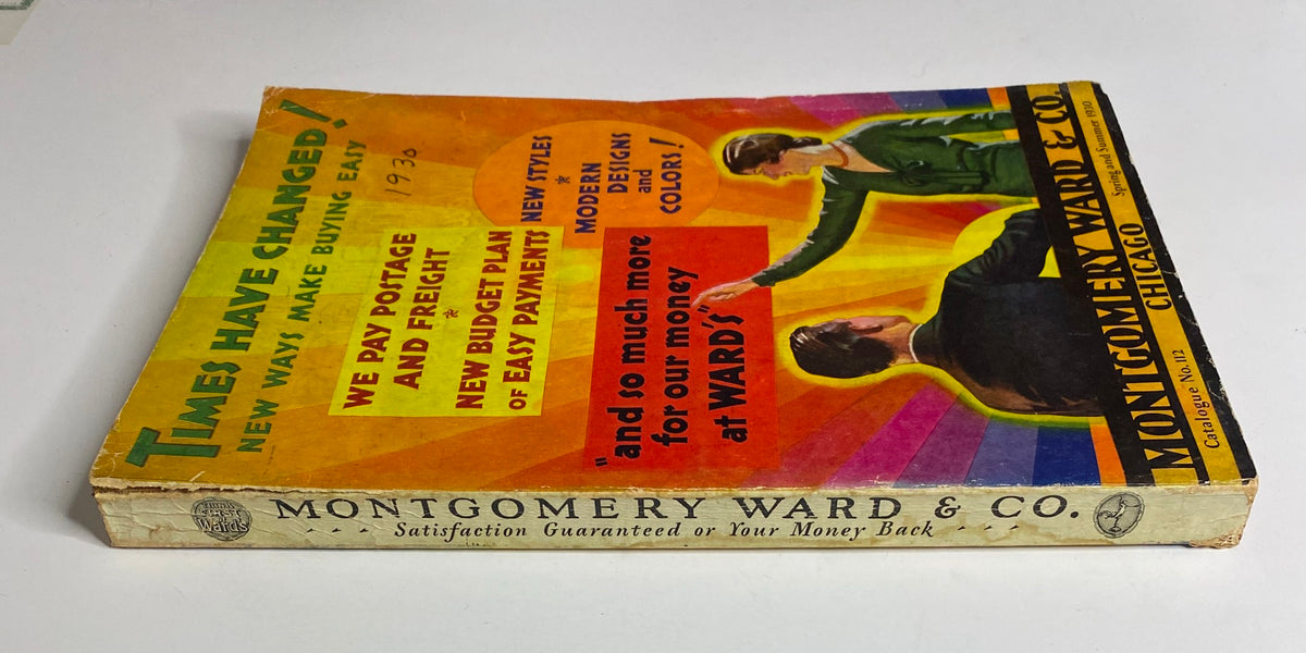 Side view of the 1930 Montgomery Ward Spring and Summer Catalog No. 112 showcasing the magazine's spine and vibrant cover design.