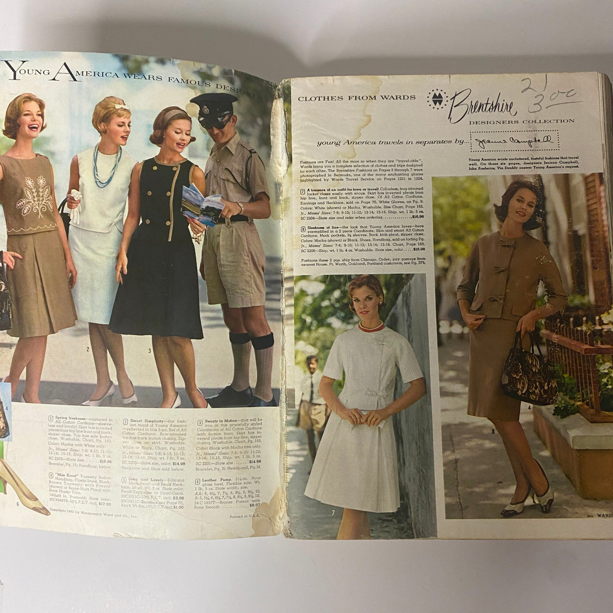 Interior pages of the 1962 Montgomery Ward Spring and Summer Catalog displaying a variety of fashionable outfits designed for young women, featuring classic 1960s styles.
