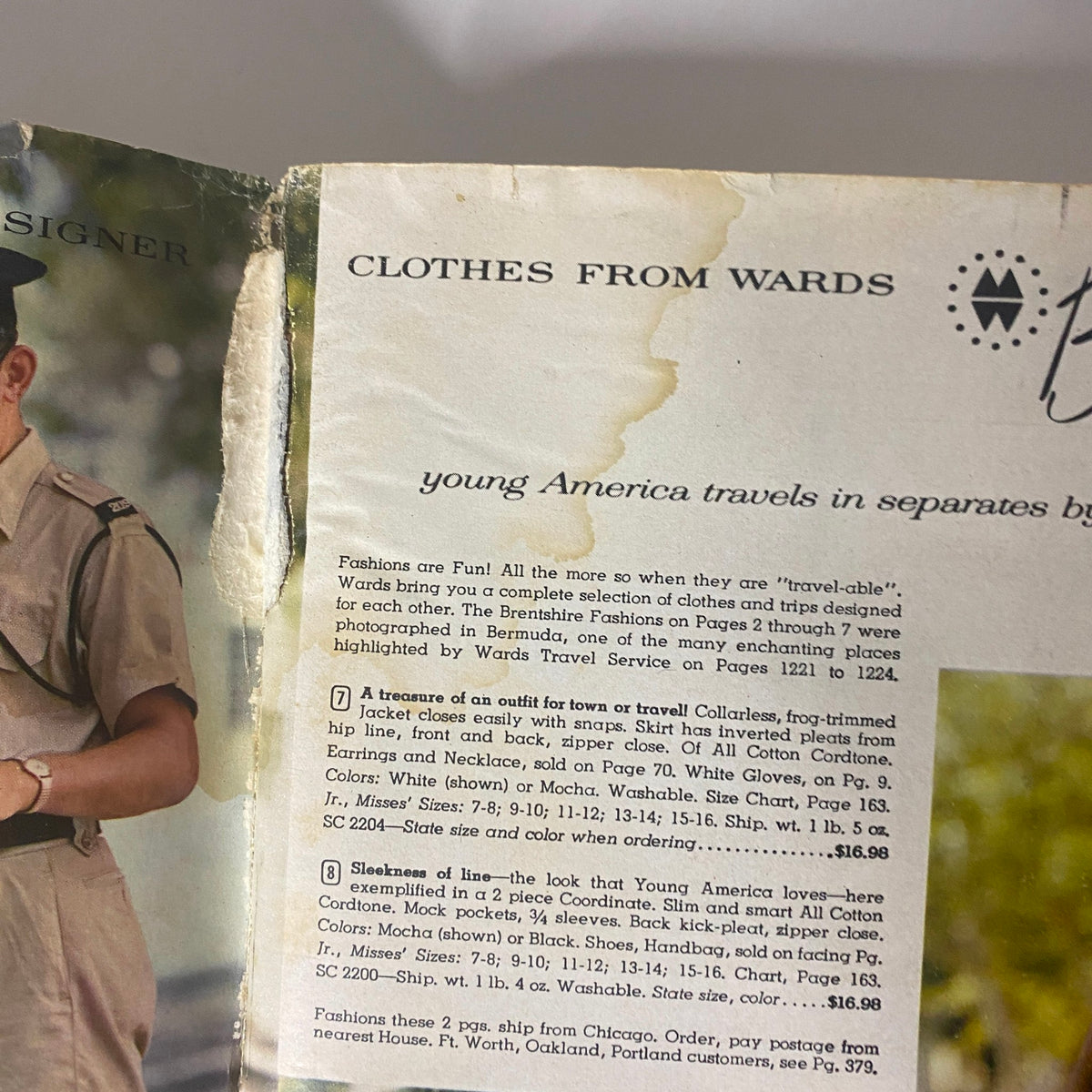 Inside page of the 1962 Montgomery Ward Spring and Summer Catalog showcasing stylish travel-ready outfits for young America, highlighting design details and pricing information.