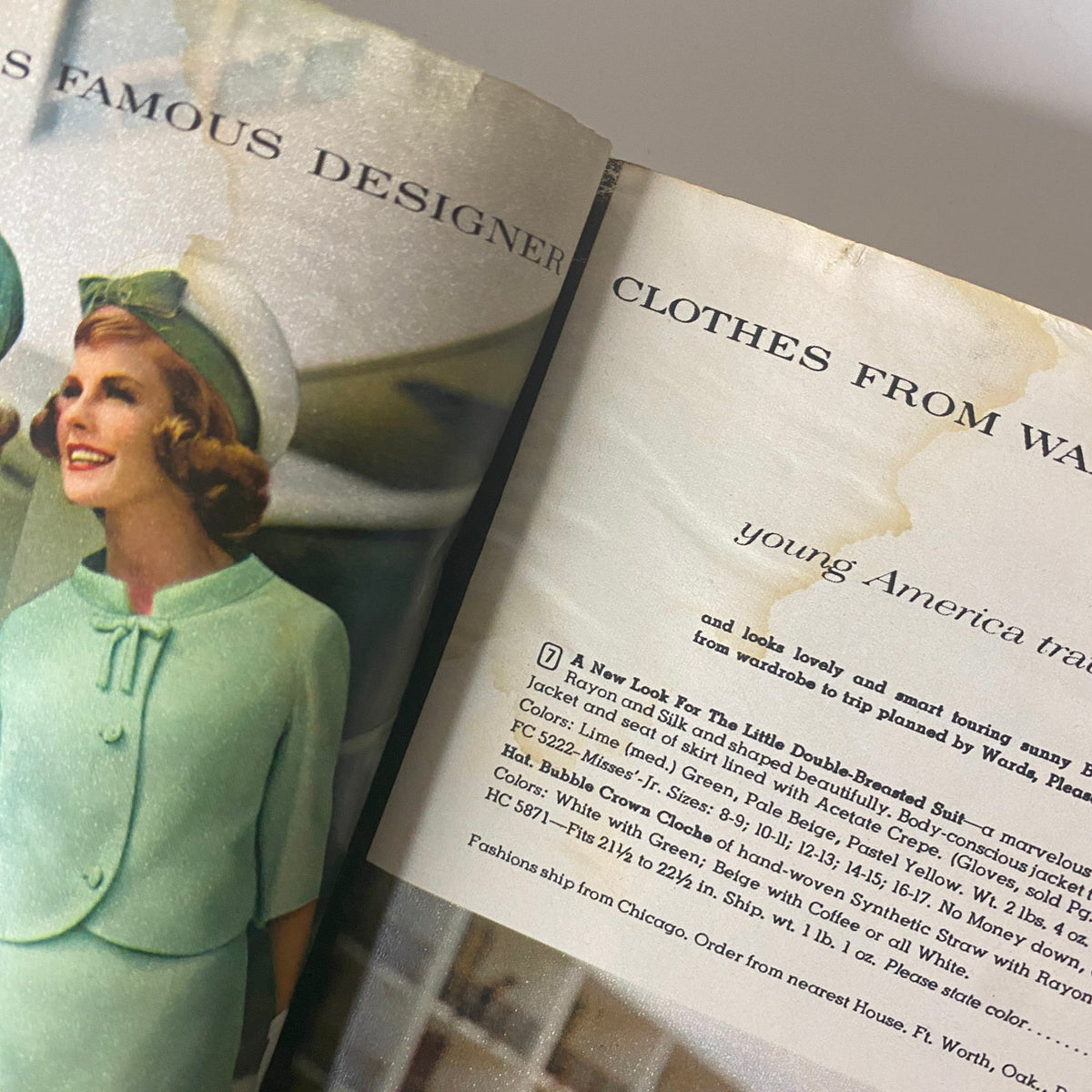 Inside page of the 1962 Montgomery Ward Spring and Summer Catalog featuring a designer-inspired suit with elegant details and descriptions for fashionable separates.