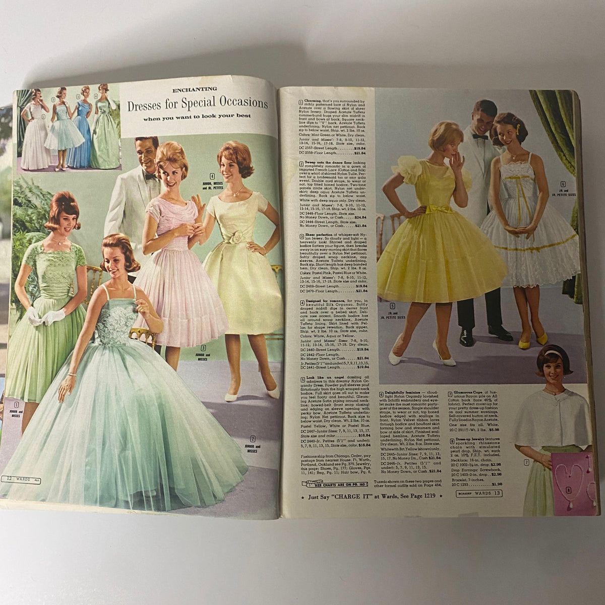 Dual-page spread from the 1962 Montgomery Ward Spring and Summer Catalog presenting a variety of enchanting dresses for special occasions with detailed product descriptions.