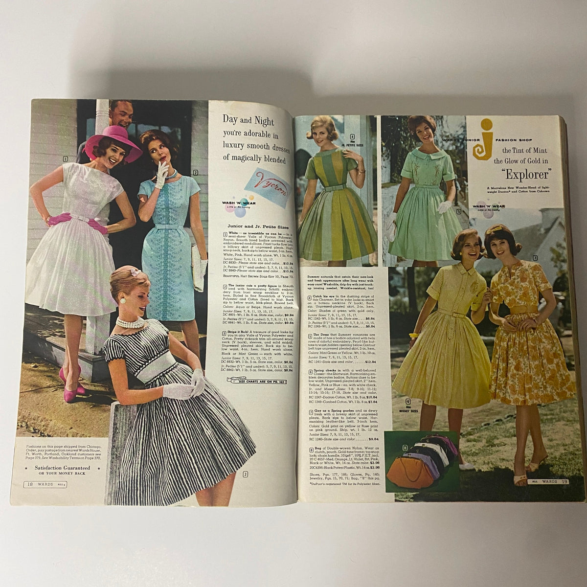 Page from the 1962 Montgomery Ward Spring and Summer Catalog featuring day and night dresses in a blend of colors and styles, perfect for summer wear.