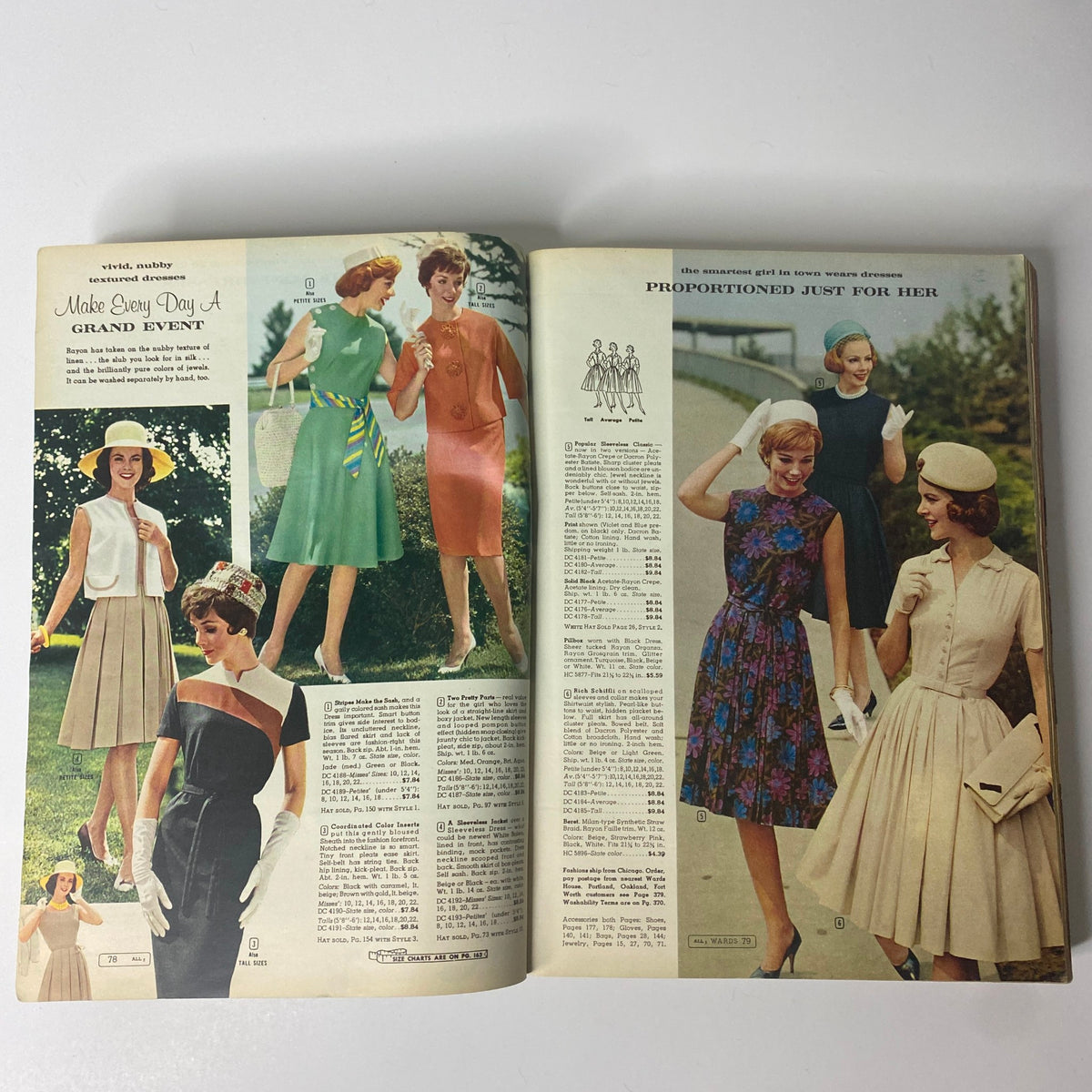 Spread in the 1962 Montgomery Ward Spring and Summer Catalog displaying an array of fashionable outfits for various occasions, showcasing timeless 1960s styles.