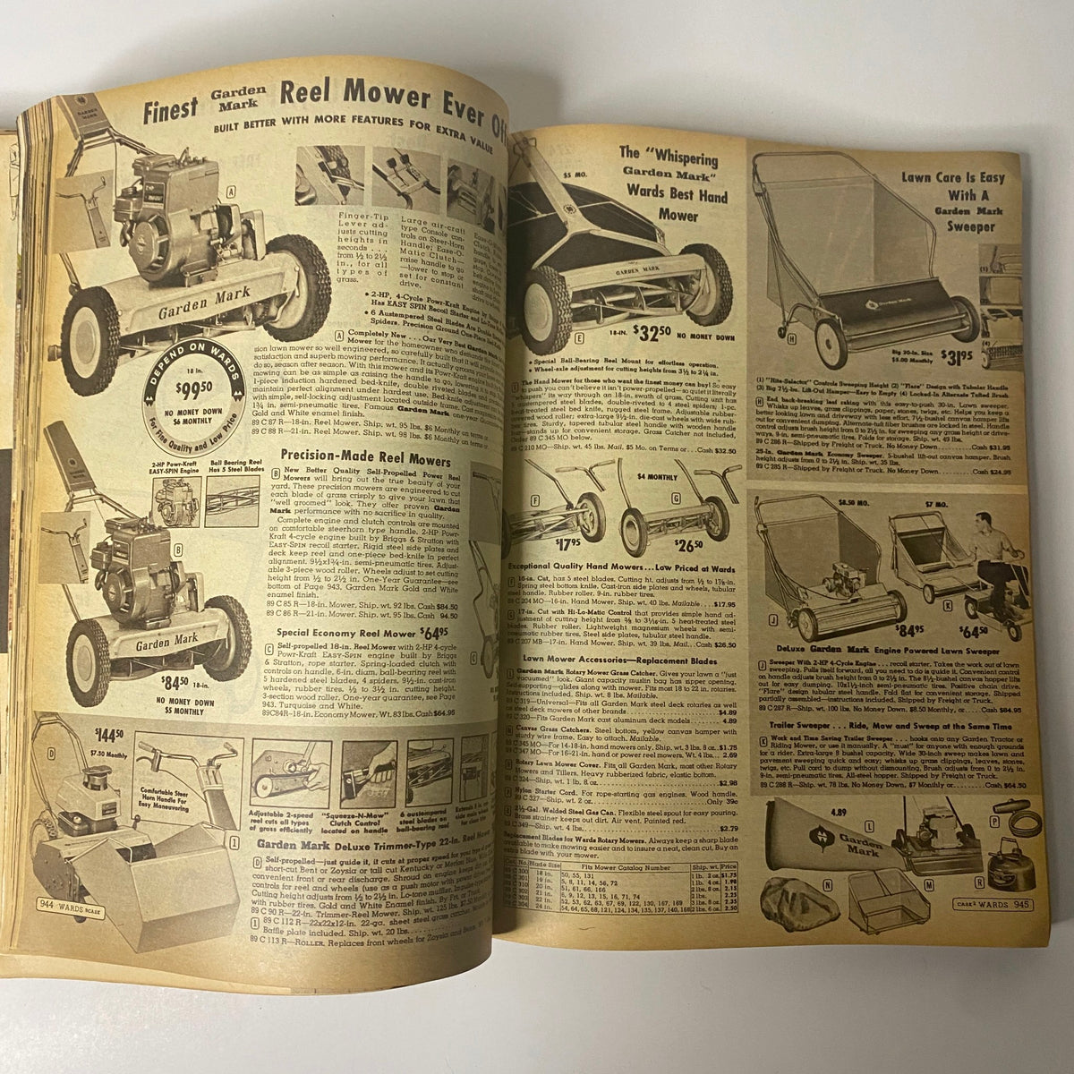 1962 Montgomery Ward Spring and Summer Catalog highlighting innovative Garden Mark reel mowers and lawn care accessories with pricing information for gardening tools.