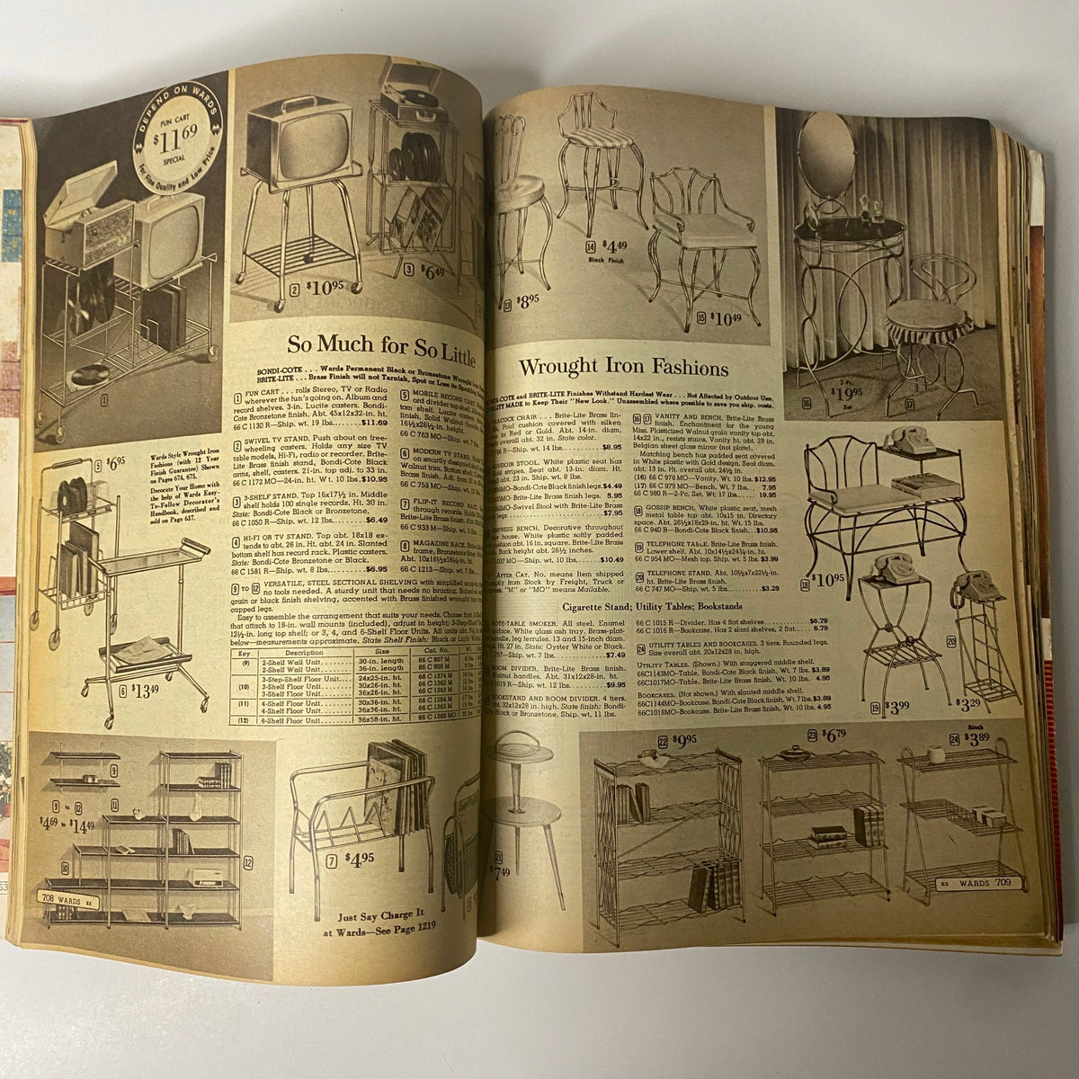 1962 Montgomery Ward Spring and Summer Catalog showcasing various vintage furniture items including wrought iron chairs, tables, and a television stand.