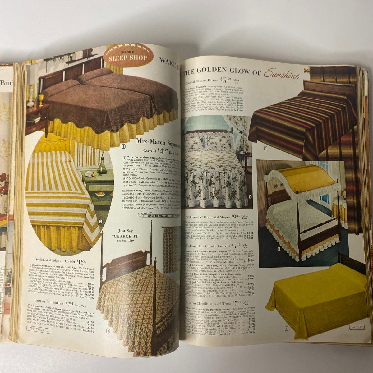 1962 Montgomery Ward Spring and Summer Catalog displaying an array of vintage bed covers and blankets, illustrating the colorful fabric patterns of the early 1960s.