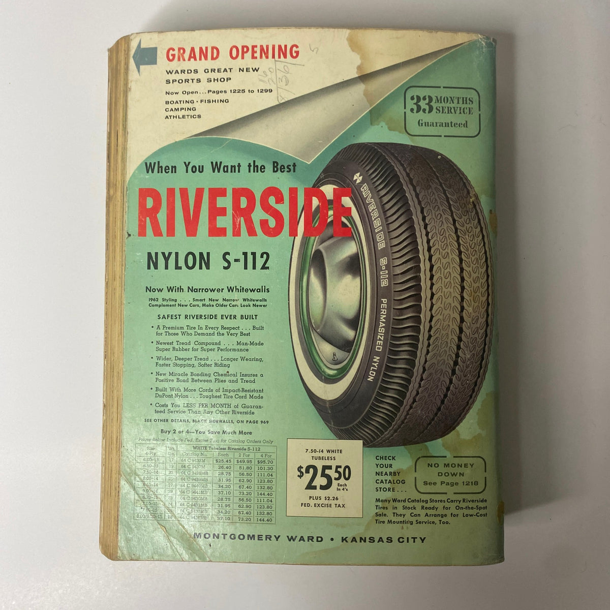 1962 Montgomery Ward Spring and Summer Catalog cover displaying a Riverside nylon tire advertisement, emphasizing its features and warranty.