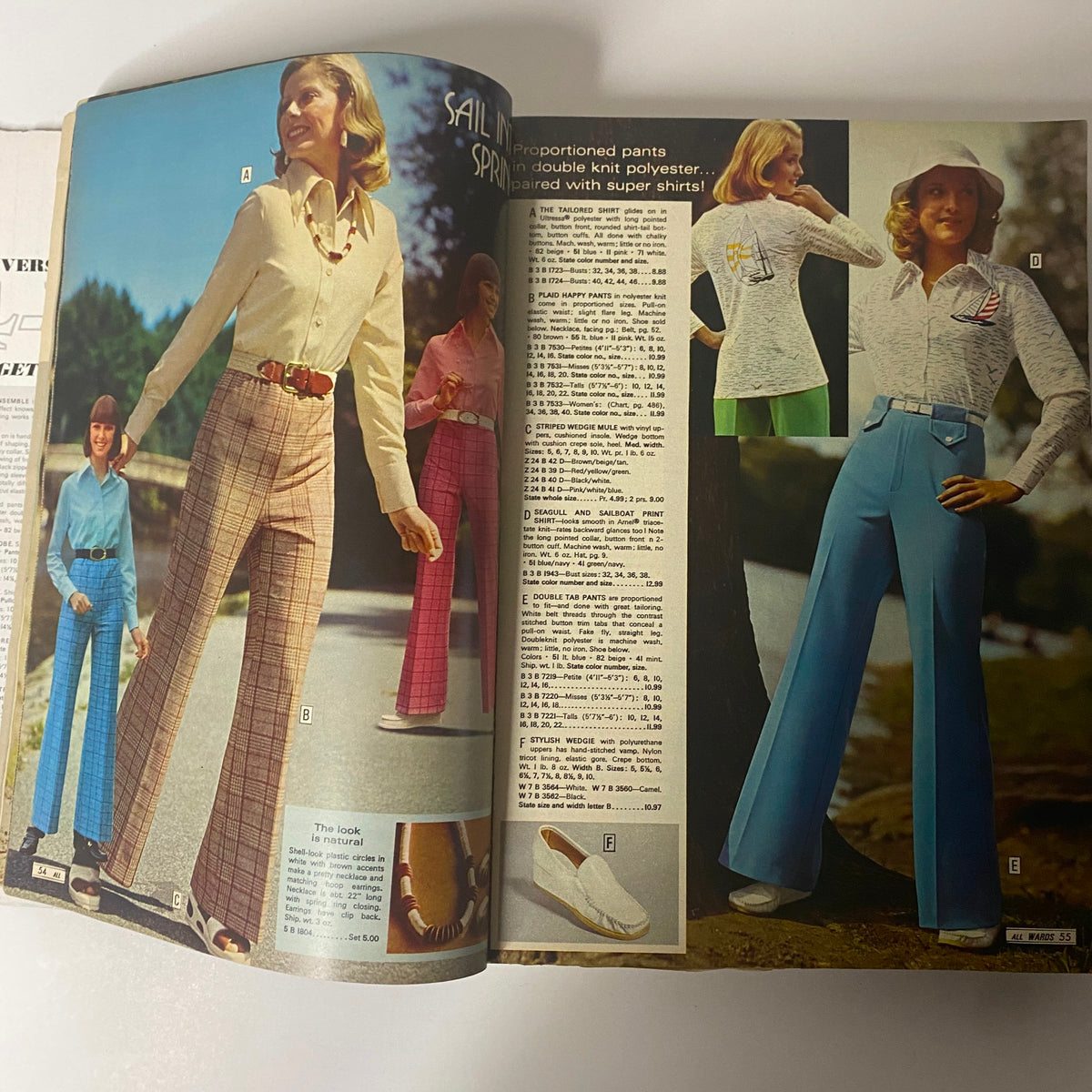 Fashion page from the 1975 Montgomery Ward Spring and Summer Catalog presenting double knit polyester outfits, including stylish pants and shirts ideal for spring.