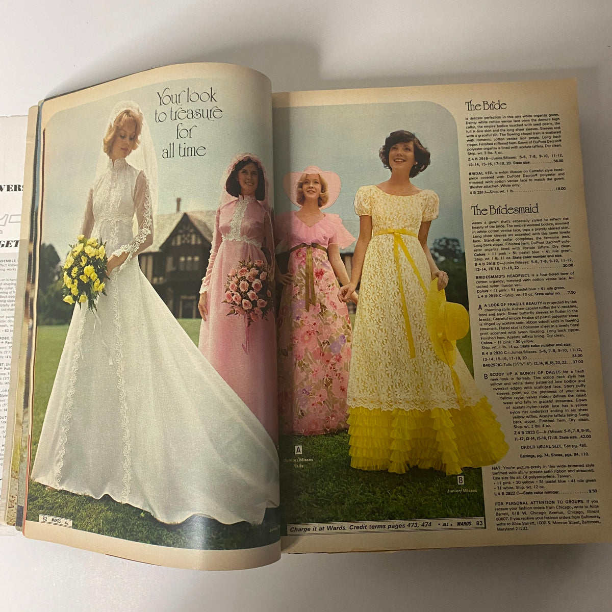 1975 Montgomery Ward Spring and Summer Catalog showcasing bridal and bridesmaid dresses, featuring a bride in a white gown and bridesmaids in colorful floral attire.