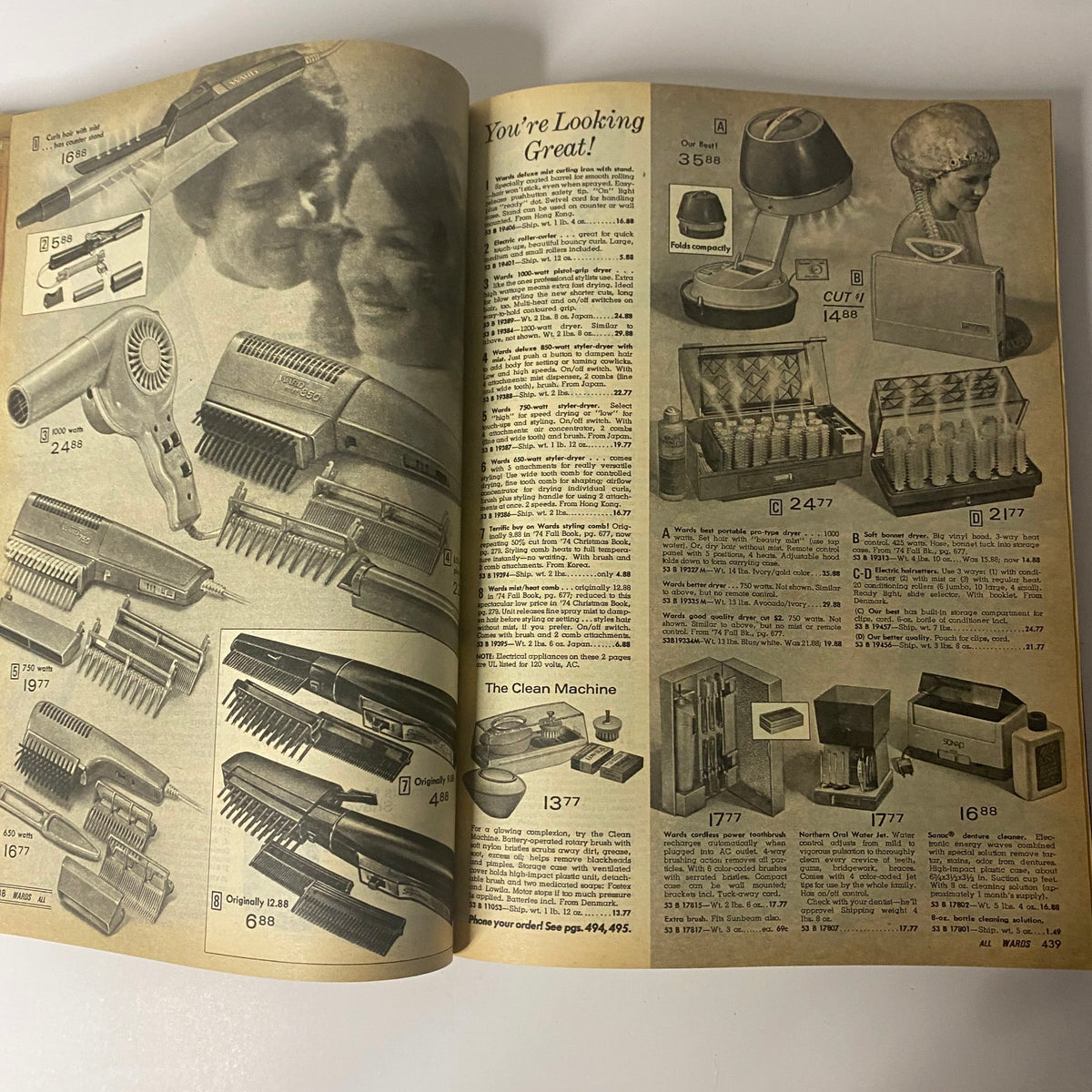 1975 Montgomery Ward Spring and Summer Catalog highlighting beauty and grooming products, showing hair styling tools and accessories in a retro setting.