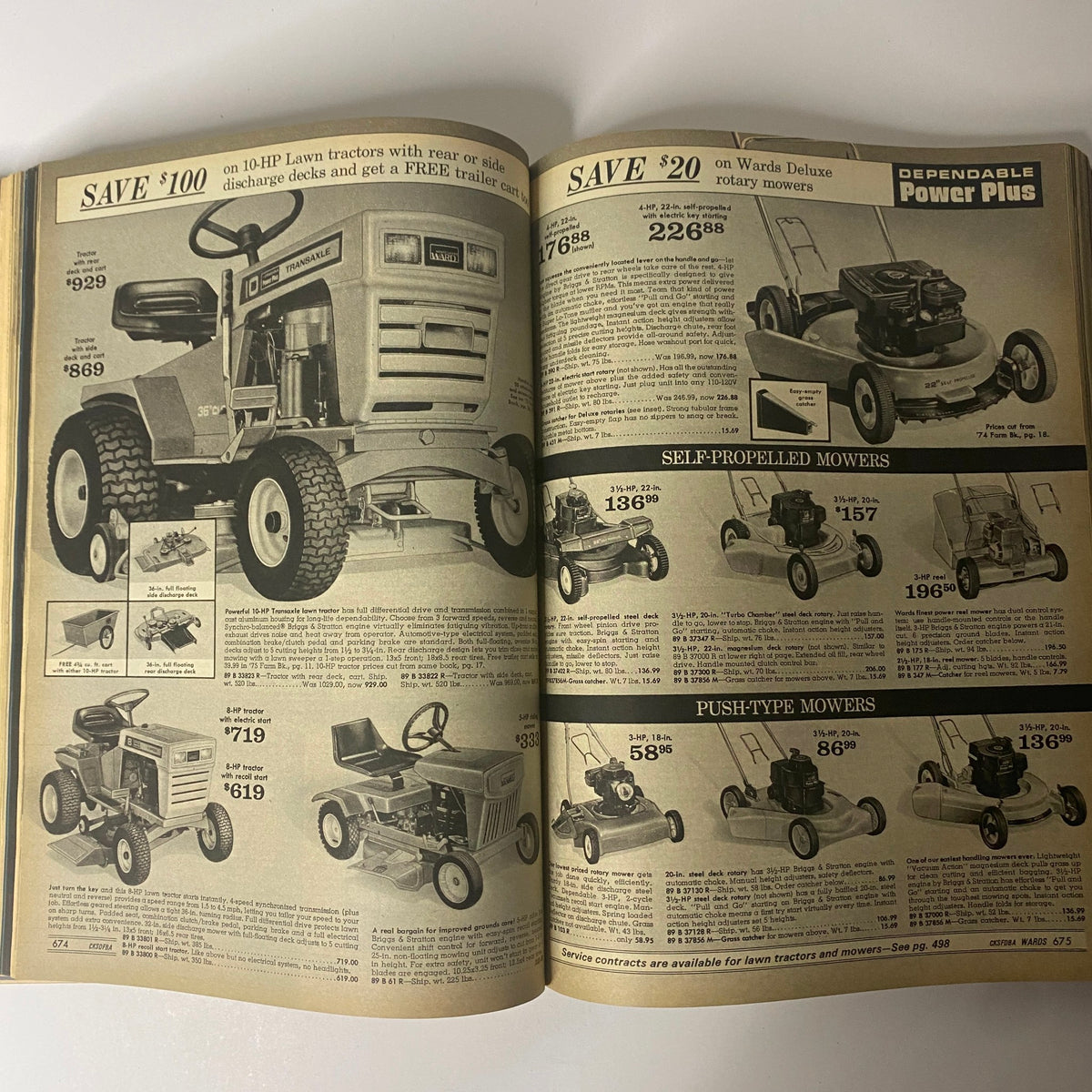 1975 Montgomery Ward Spring and Summer Catalog featuring a variety of lawn tractors, including pricing details for 10-HP lawn tractors and self-propelled mowers.
