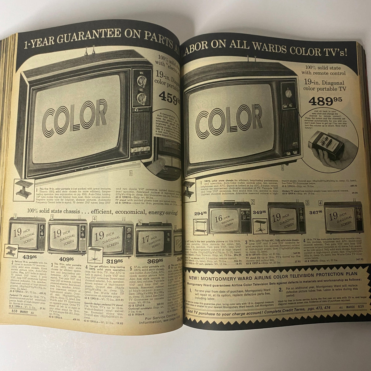 1975 Montgomery Ward Spring and Summer Catalog showcasing a selection of color television sets with prices and features, highlighting the latest technology of the mid-1970s.