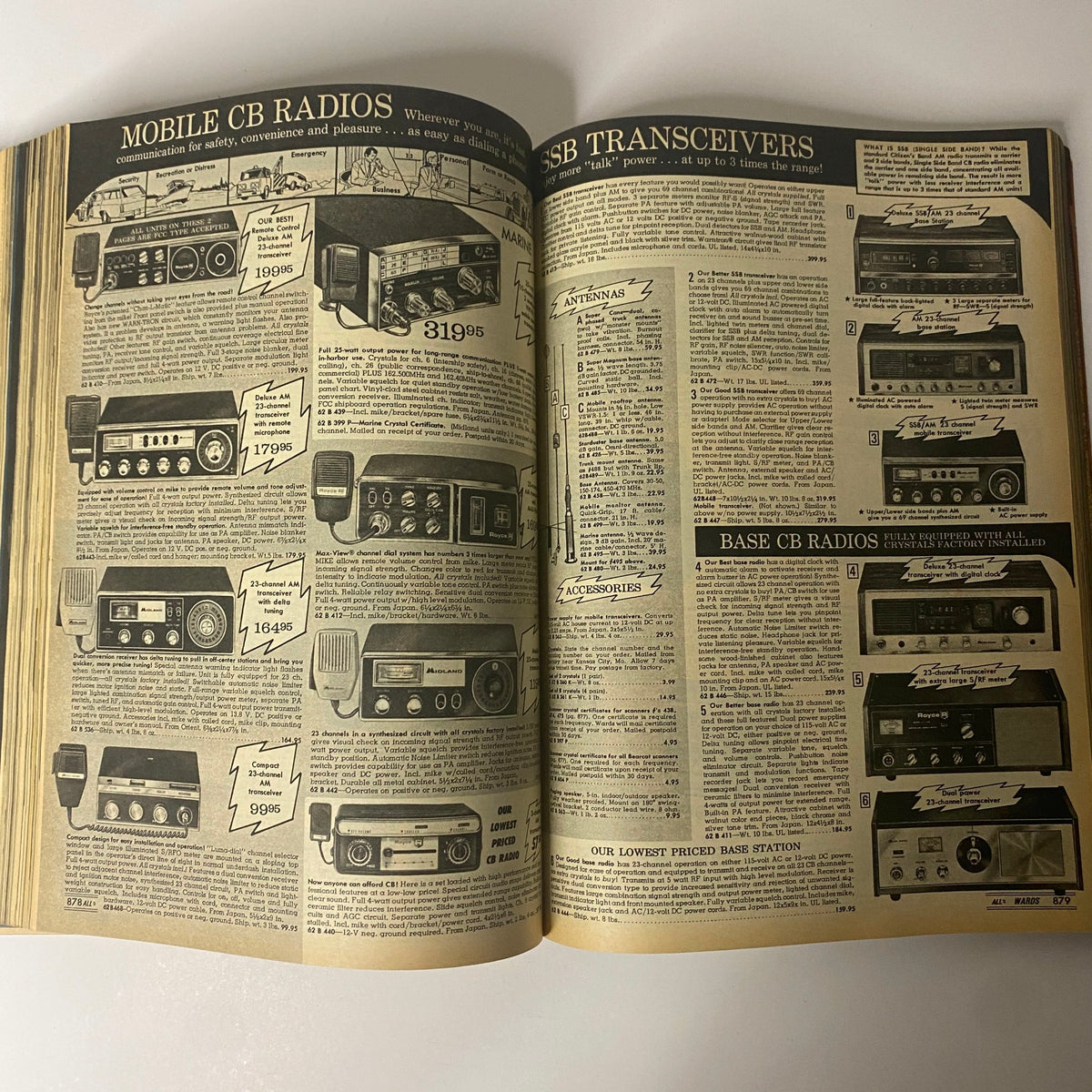 1975 Montgomery Ward Spring and Summer Catalog displaying a range of mobile CB radios and transceivers, detailing models, specifications, and pricing.