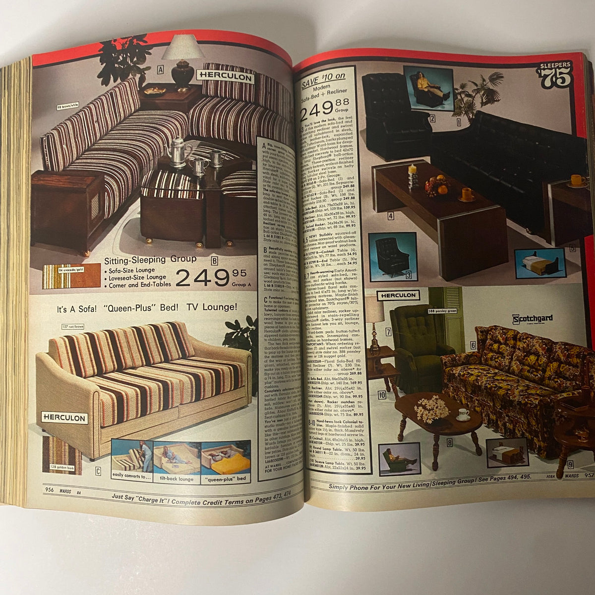 1975 Montgomery Ward Spring and Summer Catalog presenting stylish living room furniture sets, including a sofa-sleeper and loveseats, with pricing information.
