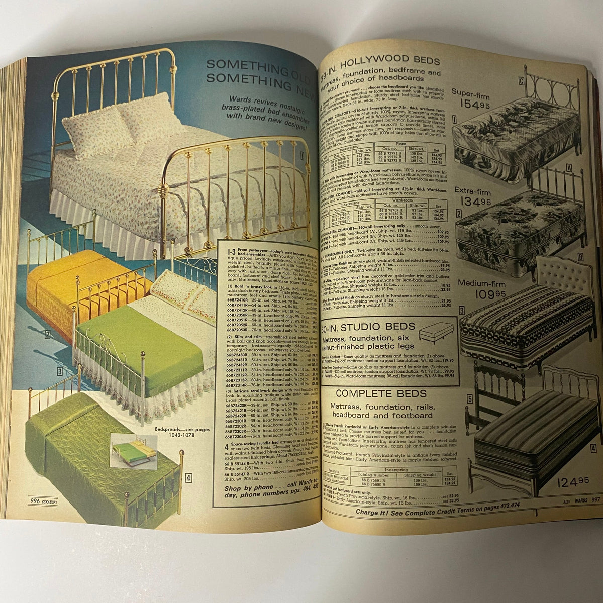 1975 Montgomery Ward Spring and Summer Catalog showing various styles of Hollywood beds and studio beds, complete with dimensions and prices.