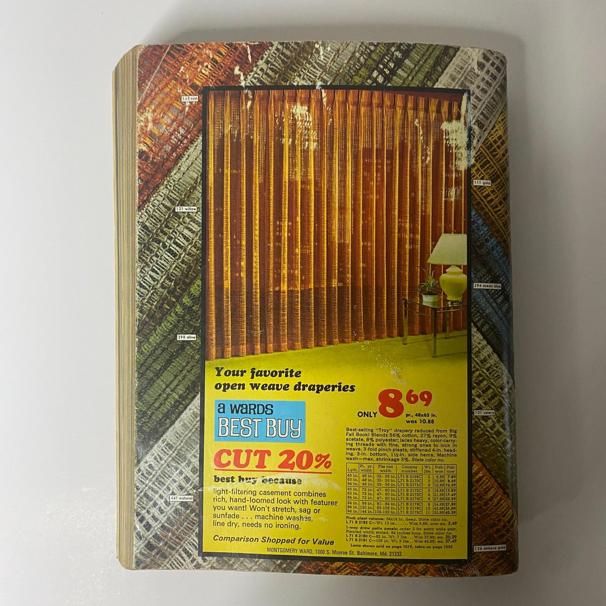 Cover page of the 1975 Montgomery Ward Spring and Summer Catalog showcasing open weave draperies with a vintage design, colorful patterns, and pricing information, highlighting a Best Buy offer.