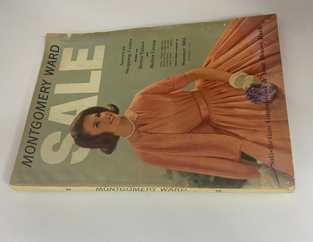 Cover of the 1961 Montgomery Ward Summer Catalog featuring vintage fashion and sale banner with a model in a summer dress.