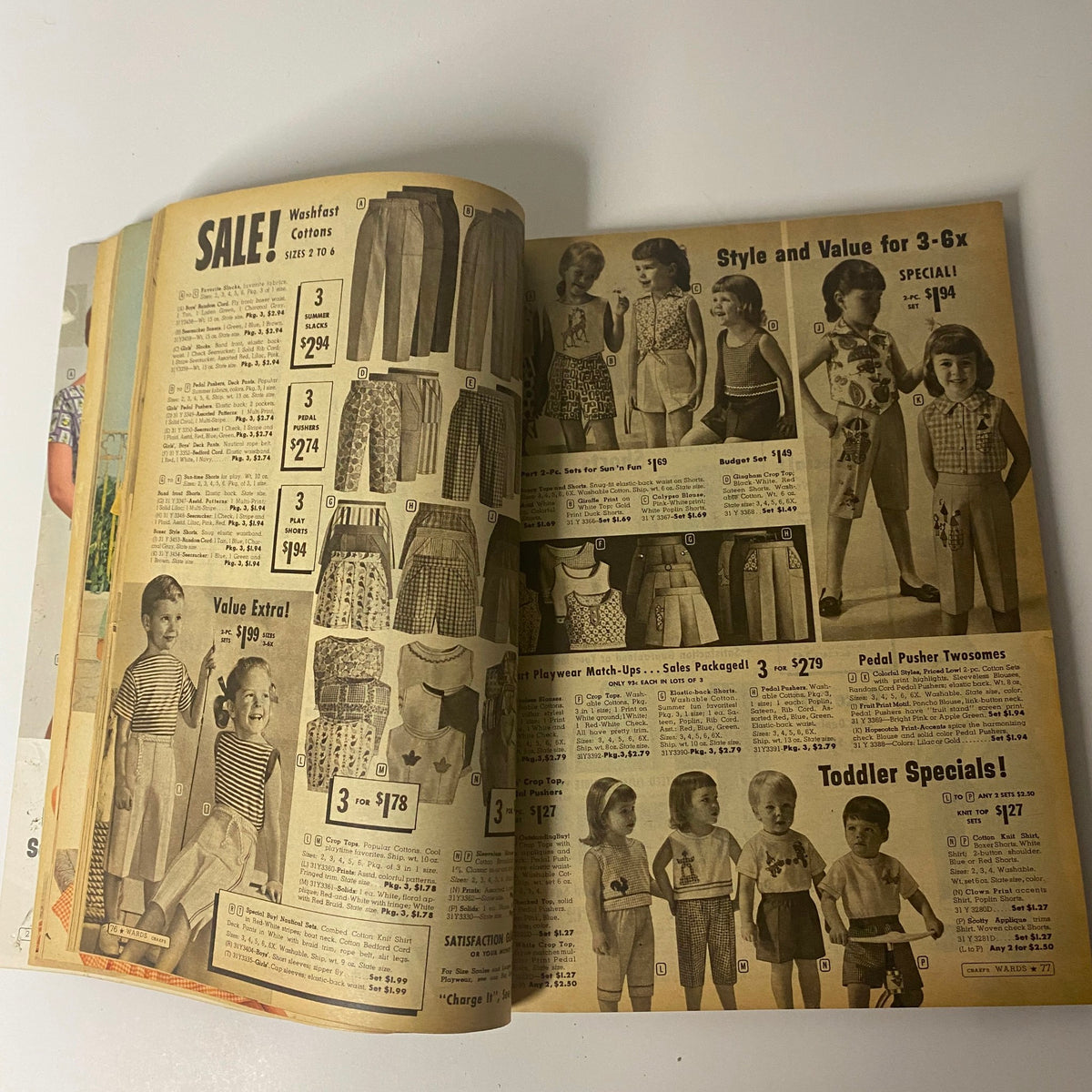 Inside spread of the 1961 Montgomery Ward Summer Catalog displaying children's clothing options, highlighting summer styles for kids.