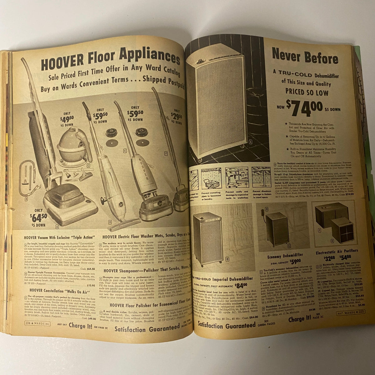 Page from the 1961 Montgomery Ward Summer Catalog featuring Hoover floor appliances and their discounted prices.