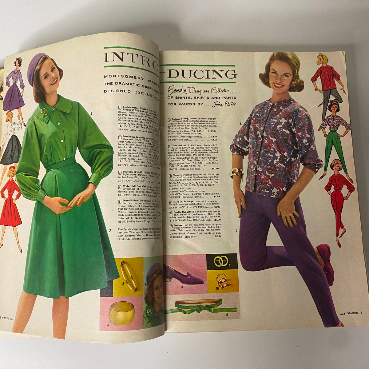 Interior page of the 1961 Montgomery Ward Fall and Winter Catalog, showcasing an introduction to a designer collection of fashionable clothing including skirts, shirts, and pants.