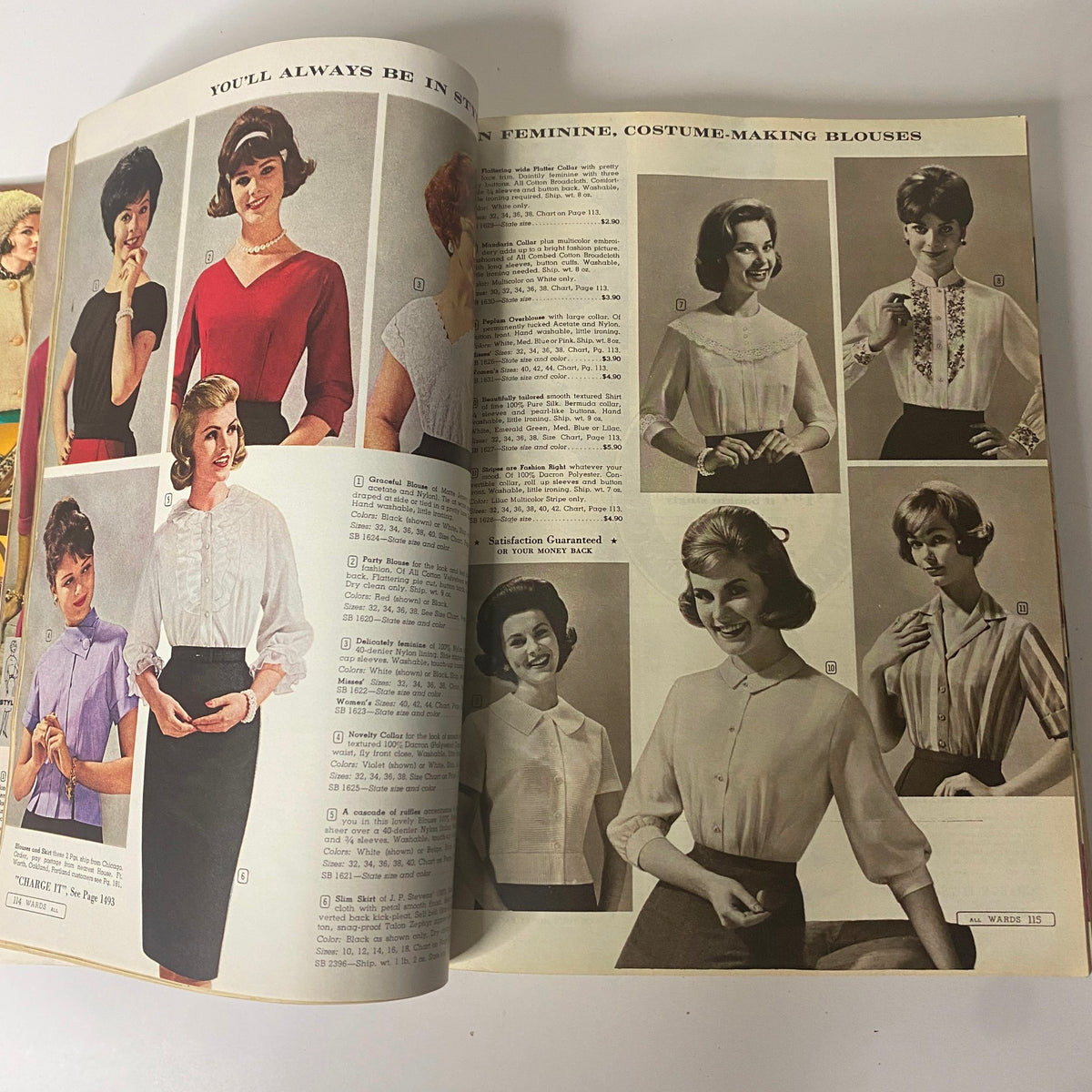 Interior page of the 1961 Montgomery Ward Fall and Winter Catalog, presenting a variety of feminine blouses, exemplifying vintage fashion with detailed descriptions.