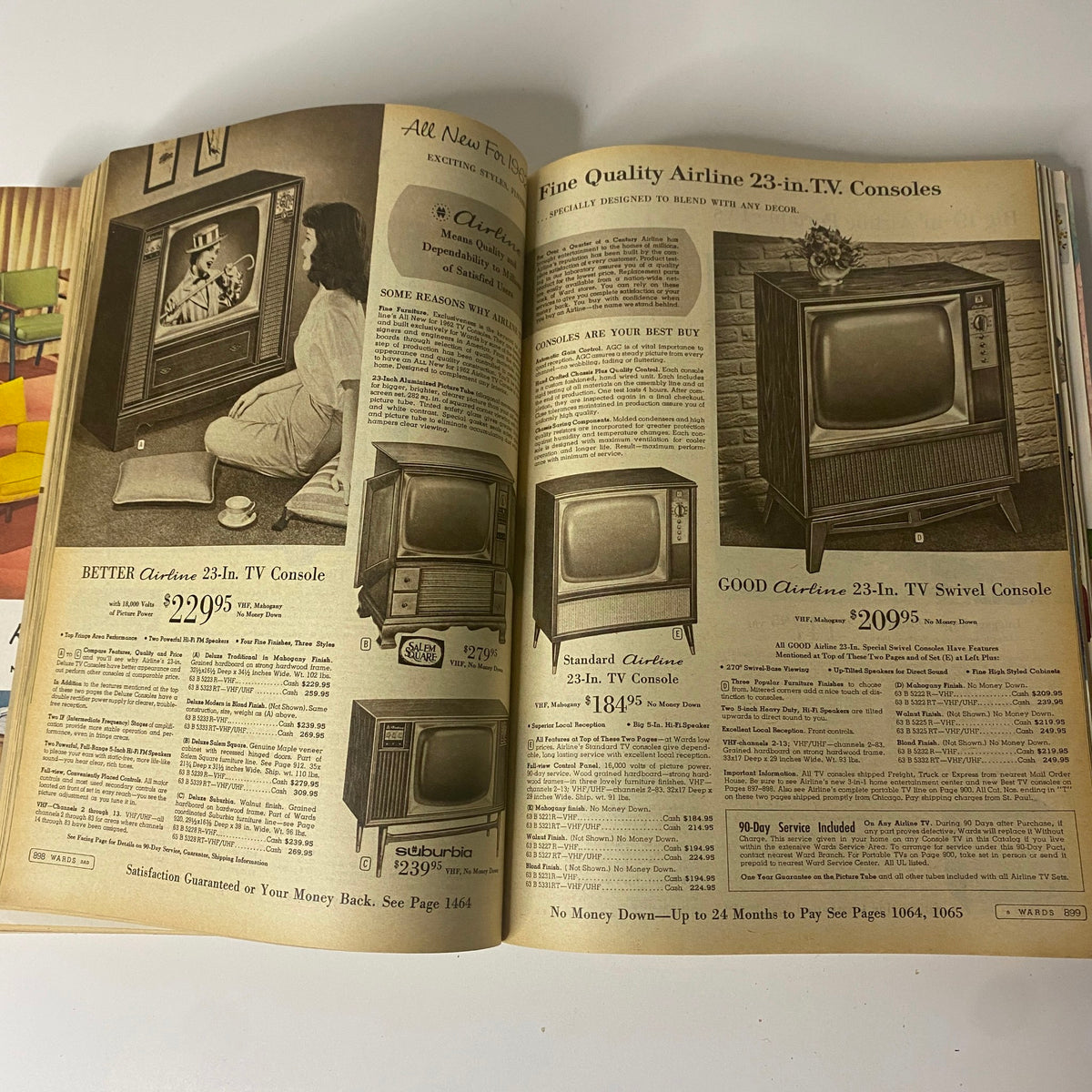 1961 Montgomery Ward Fall and Winter Catalog illustrating Airline television consoles with various design options and prices, emphasizing home entertainment of the era.