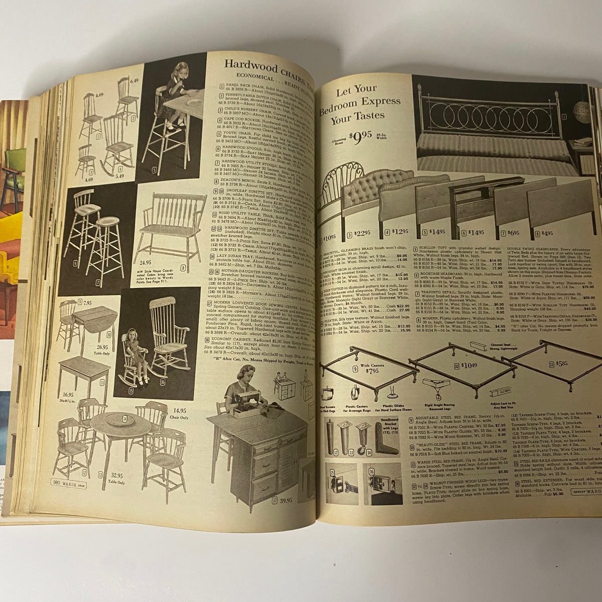 1961 Montgomery Ward Fall and Winter Catalog featuring an array of hardwood furniture pieces, including chairs, tables, and beds, reflecting mid-century design trends.