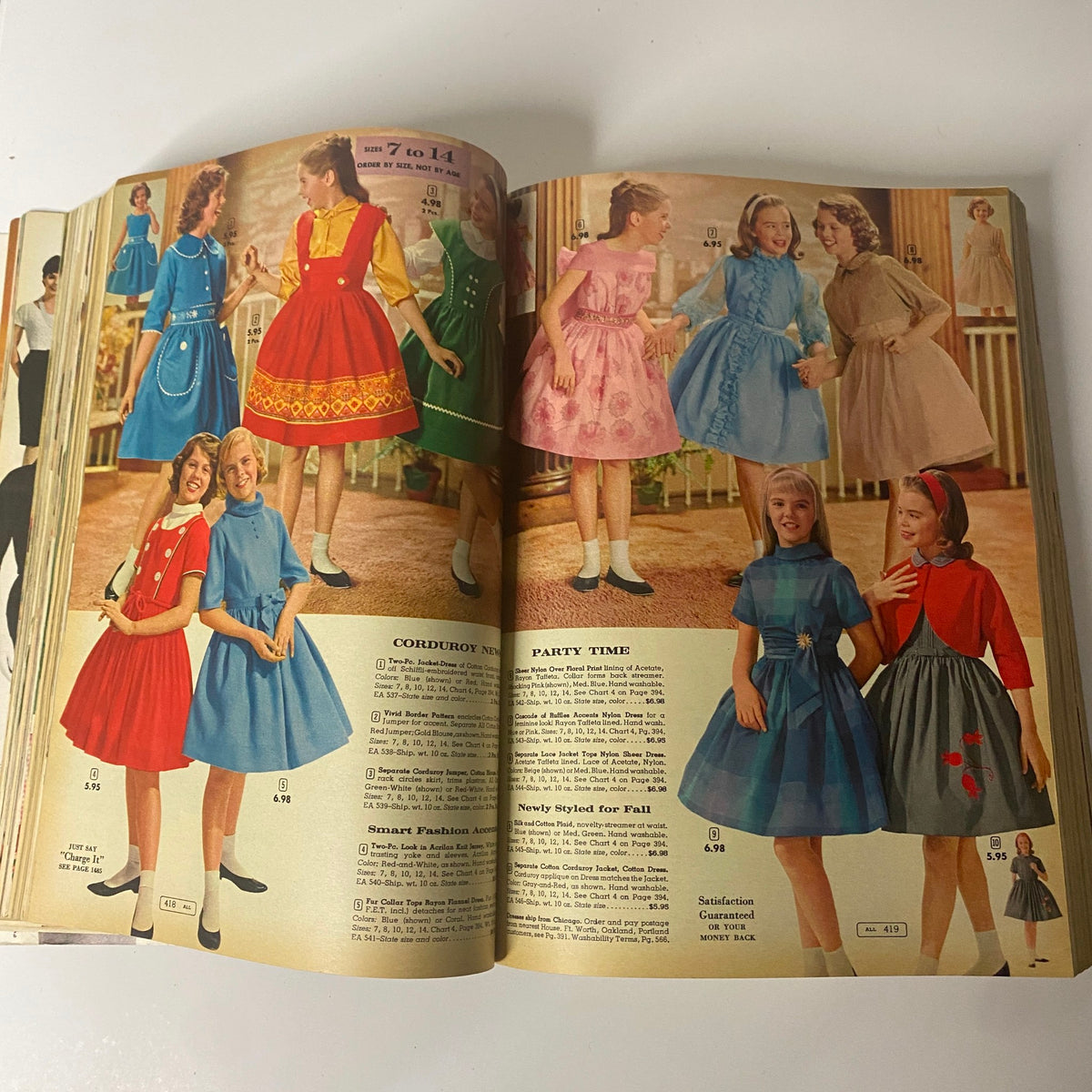 Children's dresses featured in the 1962 Montgomery Ward Fall and Winter Catalog, illustrating adorable party attire for girls, with various colorful designs and styles perfect for special occasions.