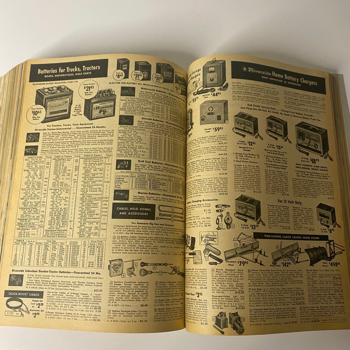 1962 Montgomery Ward Fall and Winter Catalog featuring a range of batteries for trucks and tractors alongside tools and accessories, depicting mid-20th century consumer goods.