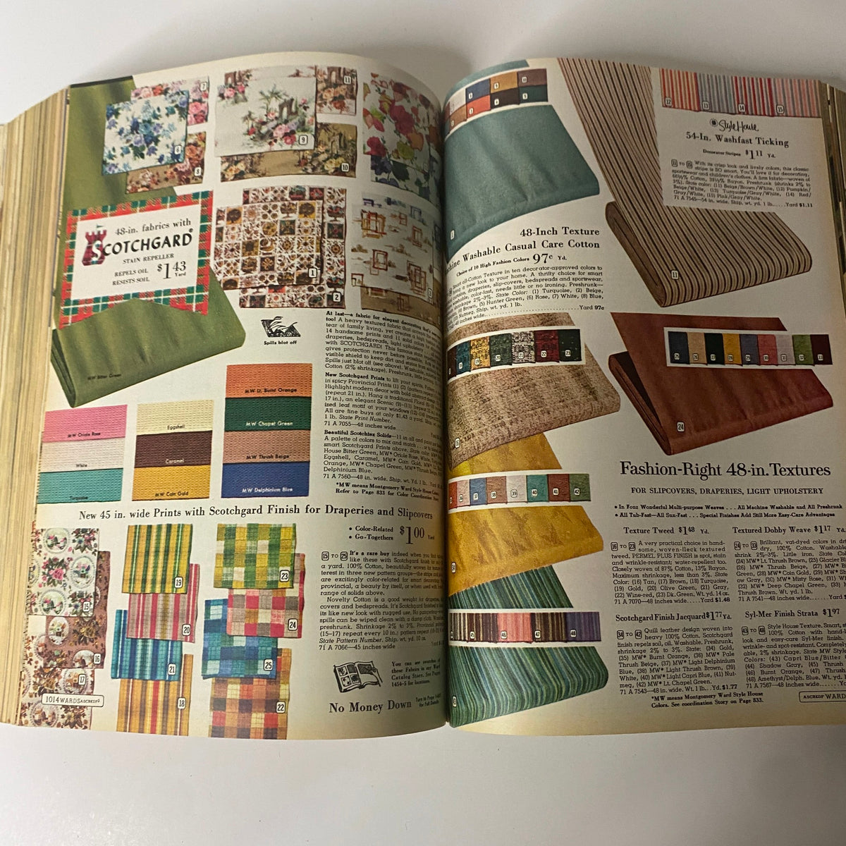 1962 Montgomery Ward Fall and Winter Catalog displaying a variety of fabrics and textiles for home decoration, emphasizing vibrant colors and patterns.