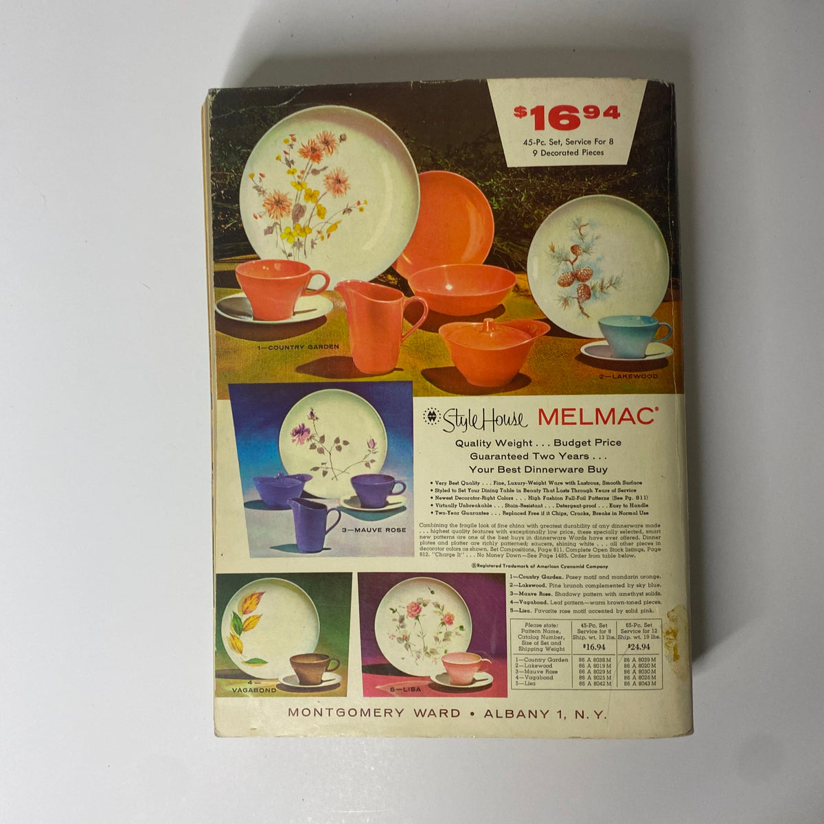 1962 Montgomery Ward Fall and Winter Catalog back cover featuring Melmac dinnerware sets, illustrating budget-friendly dining options with elegant designs.