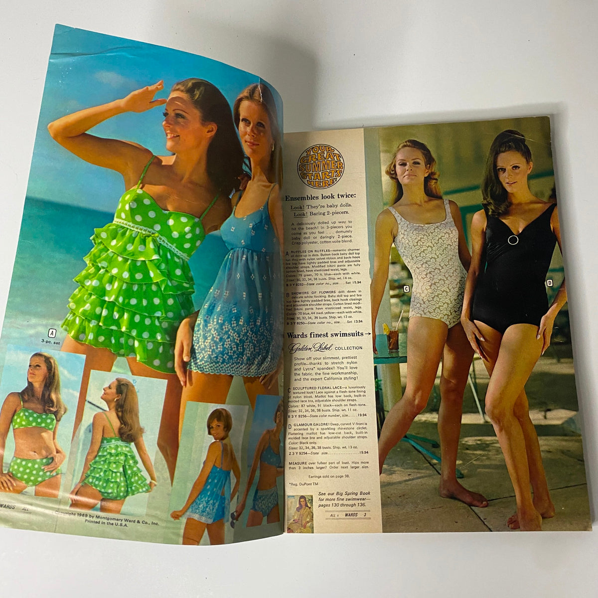 1969 Montgomery Ward Summer Catalog featuring models showcasing vibrant swimwear styles, including baby doll suits and elegant one-piece maillots, against a beach backdrop.