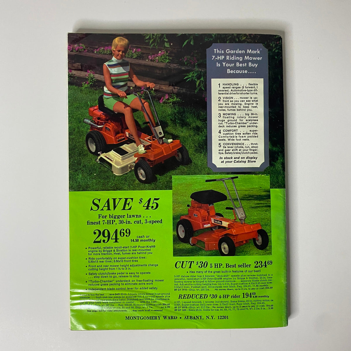Cover of the 1969 Montgomery Ward Summer Catalog featuring a young girl on a riding mower, showcasing summer product offerings and vintage advertisements.