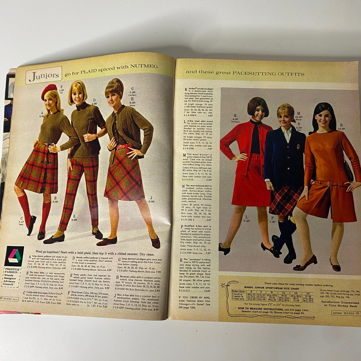 1967 Montgomery Ward Fall and Winter Catalog showcasing stylish junior outfits including plaid skirts and sweaters, highlighting the fashion trends of the 1960s.