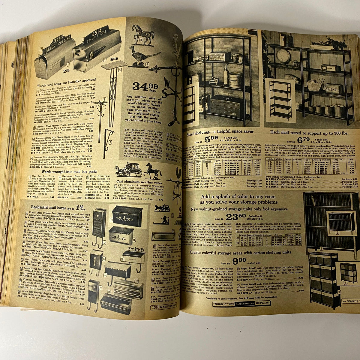 Image from the 1967 Montgomery Ward Fall and Winter Catalog displaying a variety of home decor items including mailbox designs and storage solutions with pricing.
