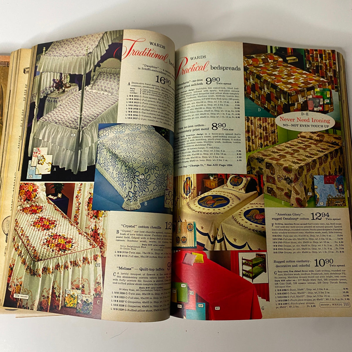 1967 Montgomery Ward Fall and Winter Catalog showcasing bedspreads and bedding options with prices and descriptions, highlighting 'No Ironing' features.